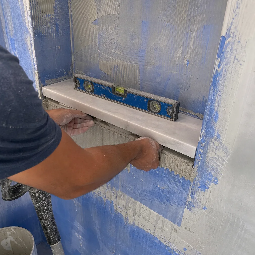 Contractor installing a marble shower niche shelf during bathroom remodeling