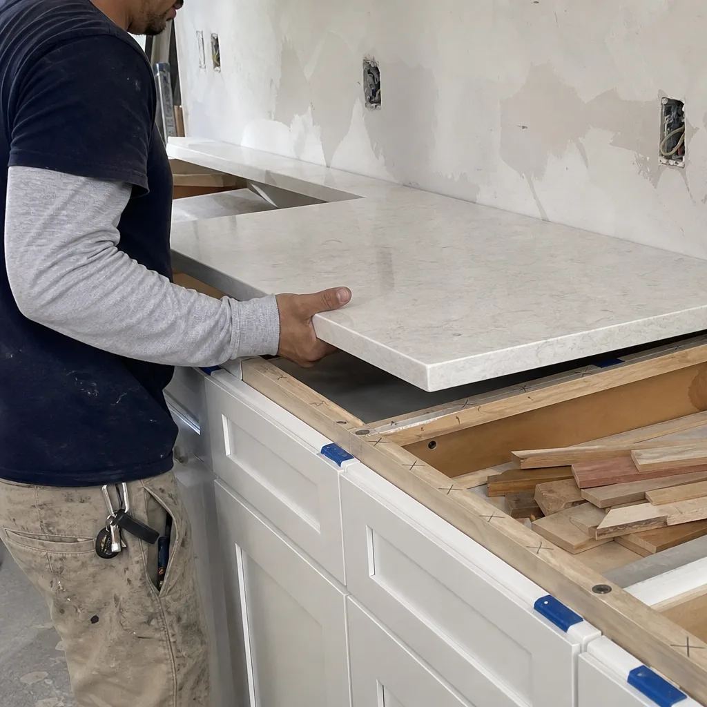 Professional contractor installing a stone countertop during a kitchen remodel