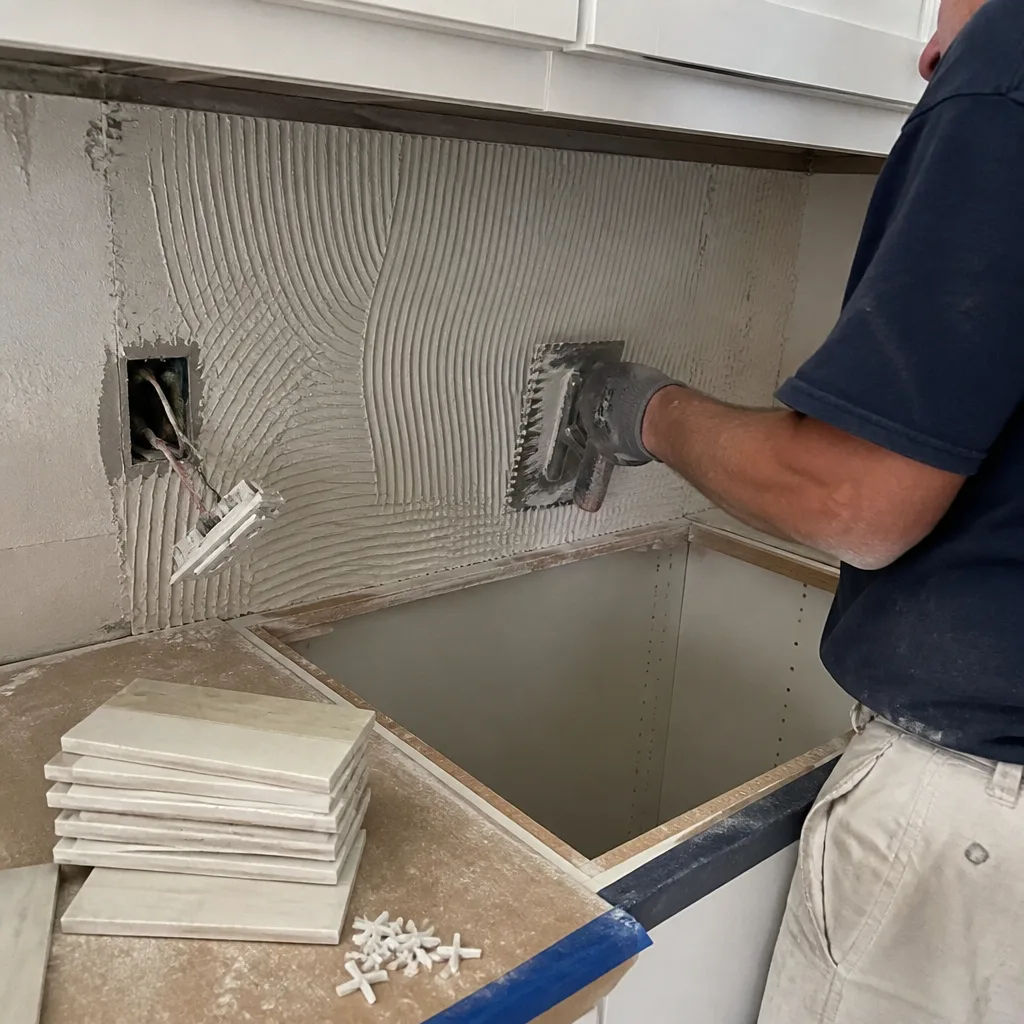 Professional contractor applying thin-set mortar for a kitchen tile backsplash installation