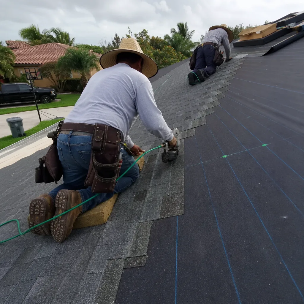 Two professional roofers installing shingles on a residential house roof.