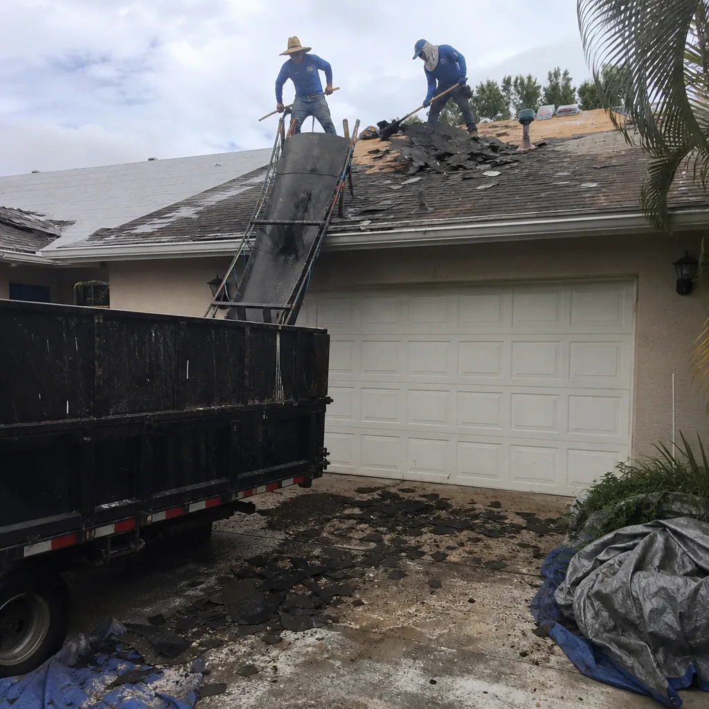 Roofers removing old shingles with a conveyor belt into a dumpster