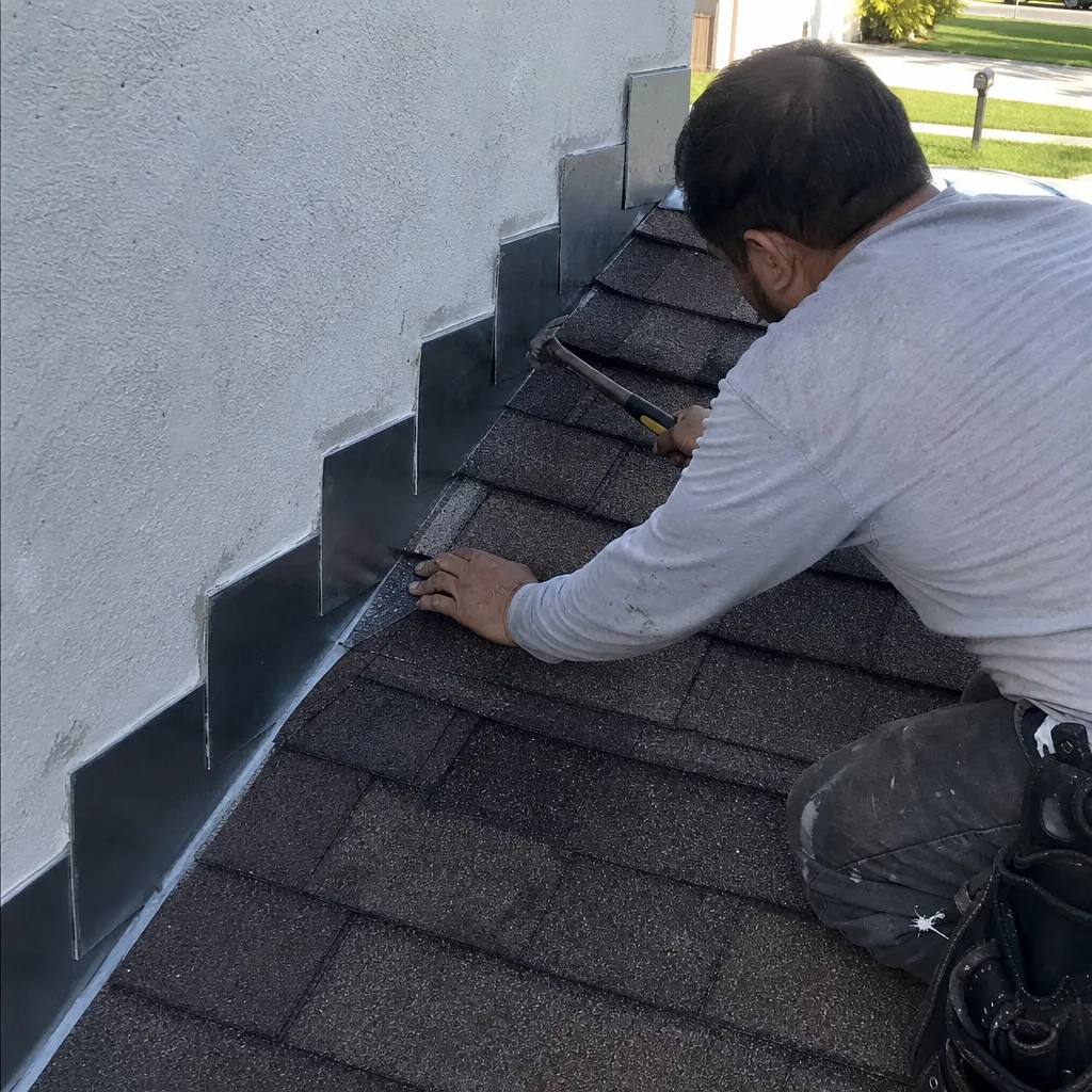 Professional roofer installing step flashing on shingle roof