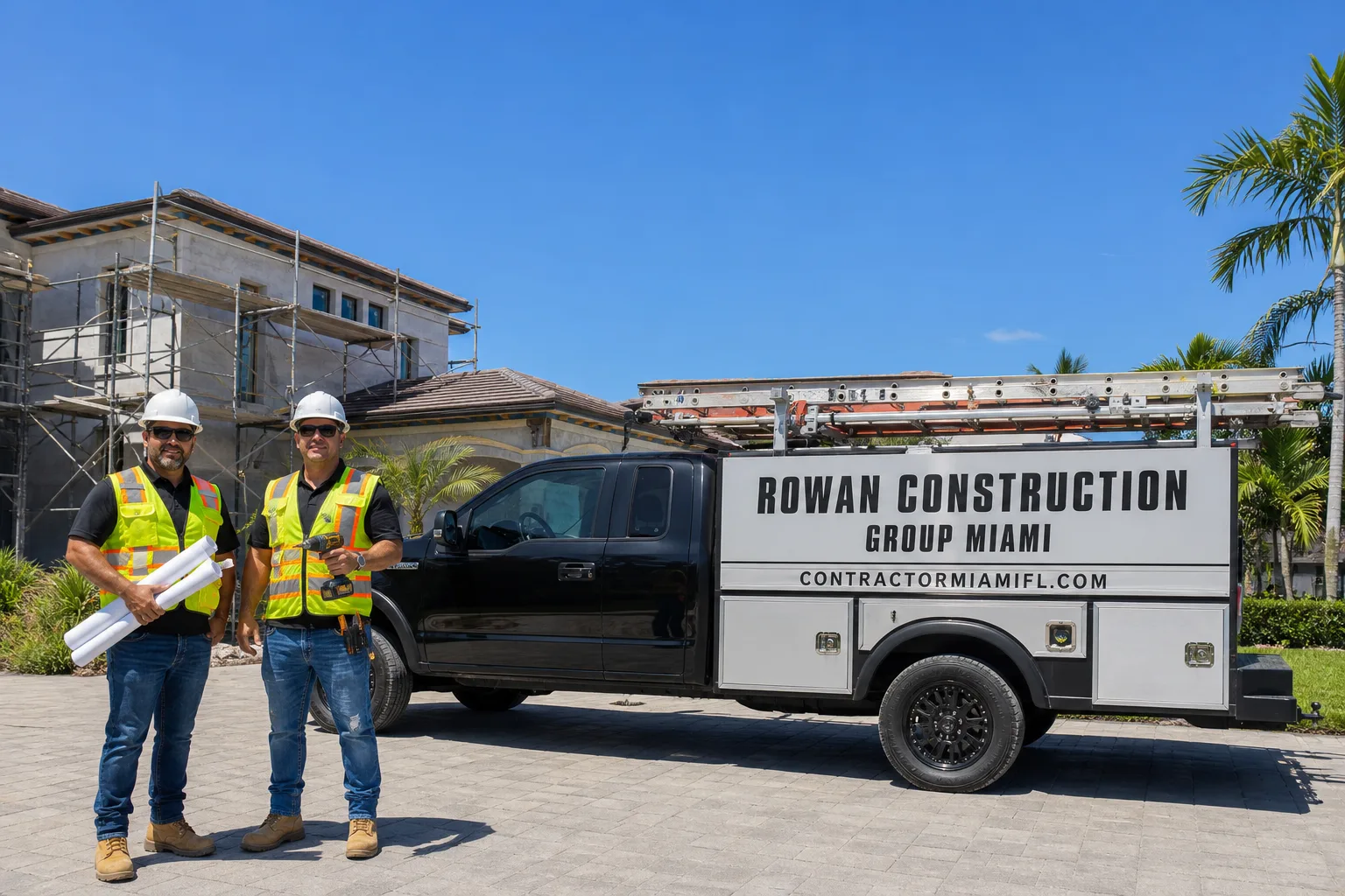 Rowan Construction Group Miami construction service vehicle and crew in Miami, FL